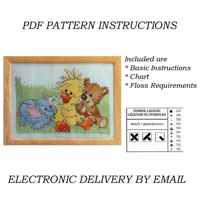 Instrucciones del patrón del gráfico de punto de cruz en PDF de los animales bebés del zoológico de Little Suzy: pato Witzy, oso Boof y elefante Ellie Phant, 5" x 7"