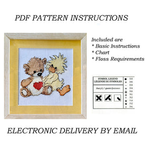 Little Suzy's Zoo Witzy Duck & Boof Bear's Red Heart Counted Cross Stitch PDF Chart Pattern Instructions 4.5" x 5"