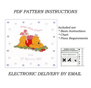 Vintage Disney Winnie The Pooh & Piglet Sweet Little Dreams Counted Cross Stitch Baby Birth Sampler Announcement PDF Pattern Chart Instructions