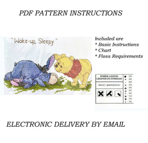 Kit de point de croix compté ou modèle PDF d'instructions pour le réveil et le sommeil de Winnie l'ourson et Bourriquet de Disney 7" x 5"