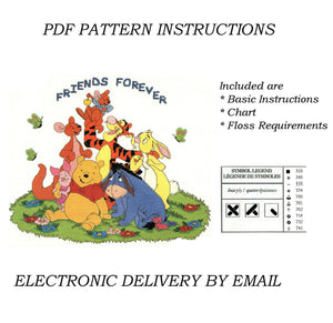 Rare Winnie The Pooh Bear 'Friends Forever' Seven Character Counted Cross Stitch PDF Pattern H48 by Designer Stitches UK 2000 - Pooh Eeyore Piglet Tigger Rabbit Kanga & Roo