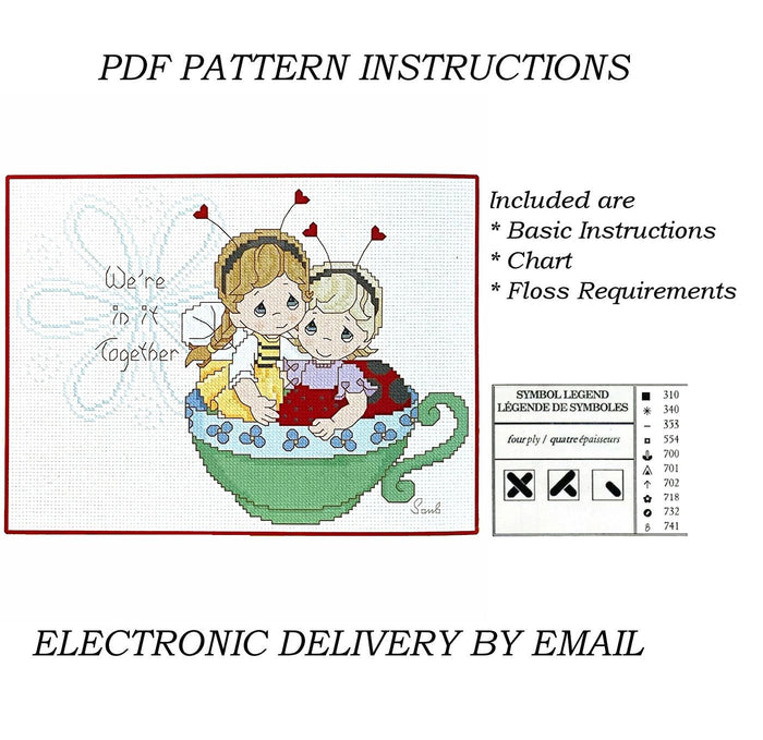 Precious Moments Cross Stitch Two Girl Friends in a Teacup We're in it Together PDF Pattern Instructions Wiggles and Giggles Hug'n Cuddle Bugs 2012