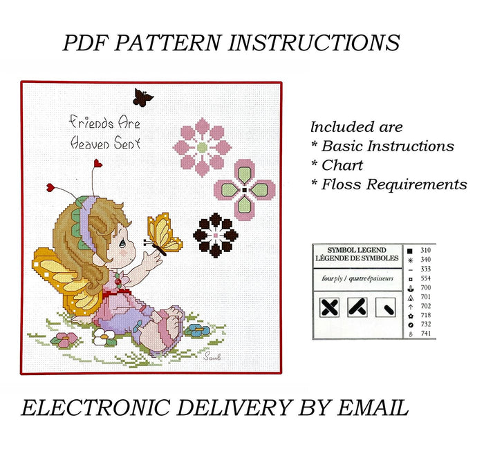 Precious Moments Cross Stitch Little Girl With Butterfly Friends Are Heaven Sent PDF Pattern Instructions Wiggles and Giggles Hug'n Cuddle Bugs 2012