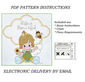 Precious Moments Cross Stitch Baby Girl Life is Bee-u-tiful PDF Pattern Chart Instructions Wiggles and Giggles Hug'n Cuddle Bugs 2012