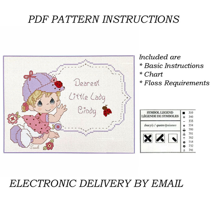 Precious Moments Cross Stitch Baby Girl Dearest Little Lady with Ladybugs Personalized PDF Pattern Chart Instructions Wiggles and Giggles Hug'n Cuddle Bugs 2012