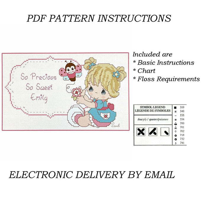 Precious Moments Cross Stitch Baby Girl with Butterfly So Precious So Sweet Personalized PDF Pattern Chart Instructions Wiggles and Giggles Hug'n Cuddle Bugs 2012