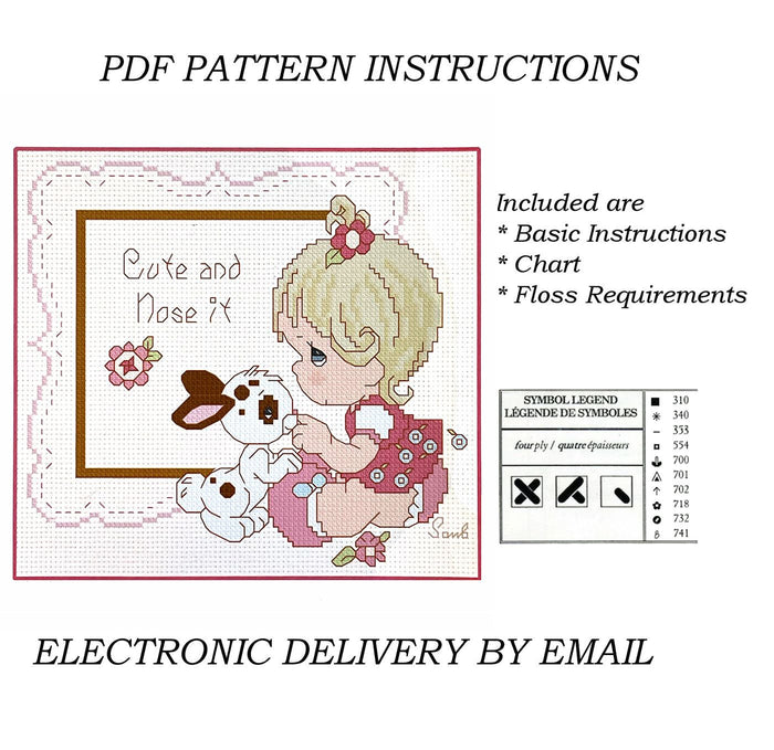 Precious Moments Cross Stitch Baby Girl with a Bunny Cute and Nose it PDF Pattern Chart Instructions Wiggles and Giggles Hug'n Cuddle Bugs 2012