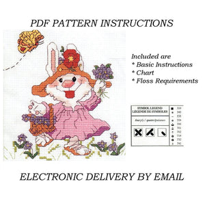 Suzy's Zoo Counted Cross Stitch Kit with Frame or PDF Pattern Instructions Friends & Flowers Violet The Bunny Rabbit with Bonnet Hat Easter Spring Butterfly Floral Janlynn Vintage 1997