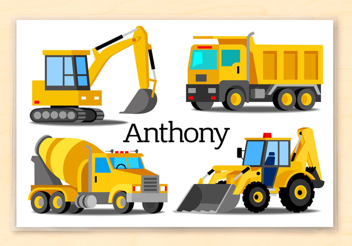 Construction Trucks Equipment Personalized Kids Placemat 18" x 12" with Alphabet - Custom USA