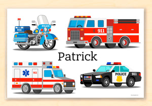 EMT First Responders Firetruck Police Ambulance Personalized Kids Placemat 18" x 12" with Alphabet - Custom USA