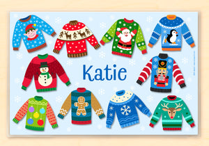 Fun Ugly Christmas Sweaters Personalized Kids Placemat 18" x 12" with Alphabet - Custom USA
