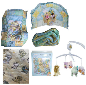 Vintage NEW 6 PC Precious Moments Noah's Ark Nursery Collection 2004 - Blue Baby Crib Bedding Set with 3D Appliques Crown Crafts, plus Musical Mobile & Wall Art