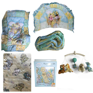 Vintage NEW 6 PC Precious Moments Noah's Ark Nursery Collection 2004 - Blue Baby Crib Bedding Set with 3D Appliques Crown Crafts, plus Musical Mobile & Wall Art