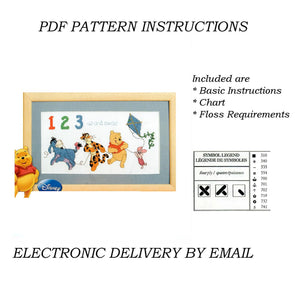 Disney Winnie l'ourson et ses amis en jeu - Exemple de modèle de point de croix compté en nombres PDF Instructions Bourriquet Tigrou Winnie l'ourson et Porcinet avec un cerf-volant