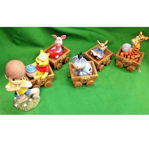 Vintage Precious Moments Disney Winnie The Pooh & Christopher Robin Birthday Wagon Train Ride Parade Collectible Figurine 2-Piece Set - Baby's 1st Year Gift