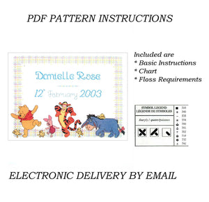 Kit de point de croix compté vintage rare Disney Winnie l'ourson Friends &amp; Chicks Parade ou instructions de modèle PDF Souvenir Annonce de naissance de bébé Échantillonneur Points de créateur H80