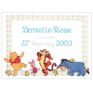 Vintage Rare Disney Winnie The Pooh Friends & Chicks Parade Counted Cross Stitch Kit or PDF Pattern Instructions Keepsake Baby Birth Announcement Record Sampler Designer Stitches H80