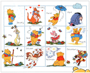 Kit de point de croix compté vintage rare Walt Disney Winnie l'ourson et ses amis Calendrier de l'année Saisons 12 mois ou instructions de modèle de tableau PDF Debbie Minton 1133-62