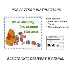 Disney Winnie The Pooh Block Party with Piglet Counted Cross Stitch Kit or PDF Pattern Instructions Keepsake Baby Birth Announcement Record Sampler 15" x 13" 1132-80