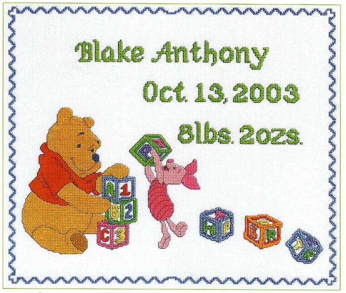 Disney Winnie The Pooh Block Party with Piglet Counted Cross Stitch Kit or PDF Pattern Instructions Keepsake Baby Birth Announcement Record Sampler 15" x 13" 1132-80