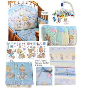 NUEVO Juego de ropa de cama vintage de 9 piezas Precious Moments PATCHWORK para cuna de bebé, colección de guardería para niño y niña, con calcomanías de pared y móvil musical, 2004, raro