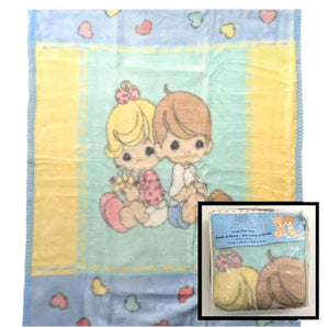 Vintage New Precious Moments Baby Girl & Boy Hearts Crib Blanket Luxury Plush Throw 31" x 47" 2001 Crown Crafts Unisex Pastel Green Blue & Yellow