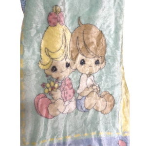 Vintage Precious Moments Baby Girl & Boy Hearts Blanket Luxury Plush Throw 31" x 47" 2001 Crown Crafts Unisex Pastel Green Blue & Yellow