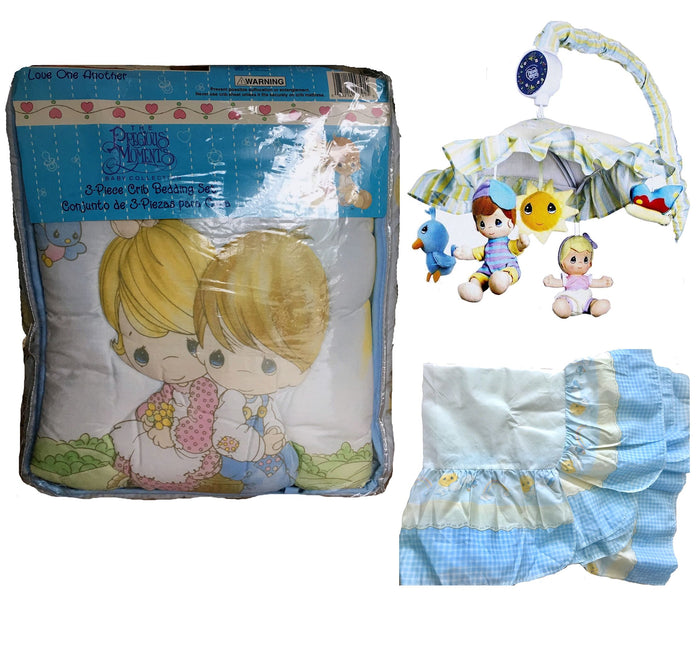 NEW USA Vintage 5 PC Precious Moments LOVE ONE ANOTHER Baby Crib Bedding Set Boy Girl Unisex Nursery Collection with Dust Ruffle & Musical Mobile Rare 2000