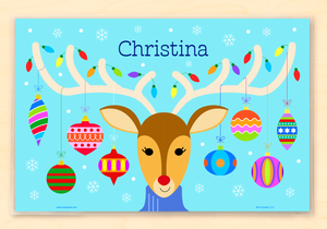 Rudolph Christmas Reindeer with Ornaments Personalized Kids Placemat 18" x 12" with Alphabet - Custom USA