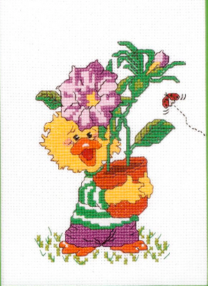 Suzy's Zoo Vintage Counted Cross Stitch Kit with Frame Friends & Flowers Chuckie Ducken Yellow Duck with Flower Pot 1997