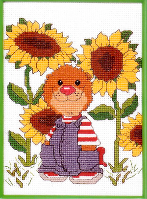 Patrón de punto de cruz vintage en formato PDF del zoológico de Suzy Amigos y flores Ollie Marmot con girasoles 1997 38-158