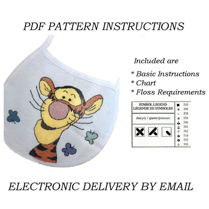 Patrón de babero de punto de cruz contado en PDF con instrucciones 1132-22 de Winnie The Pooh, Tigger y mariposas de Walt Disney