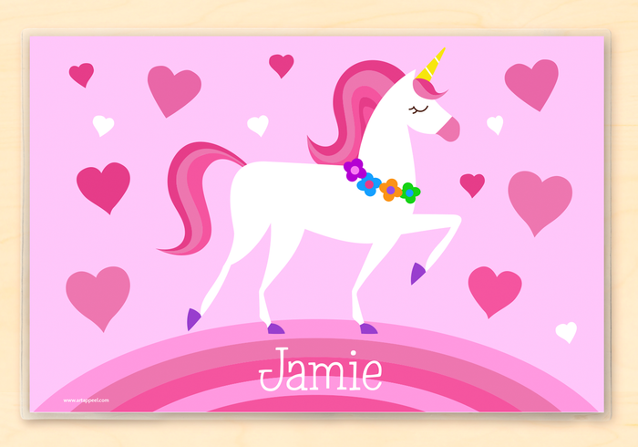 Valentine Unicorn & Hearts Personalized Kids Placemat 18" x 12" with Alphabet - Custom USA
