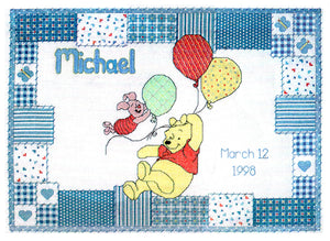 Winnie The Pooh Flying Up Up And Away with Piglet & Balloons Counted Cross Stitch Kit Keepsake Baby Birth Announcement Record Sampler 17455
