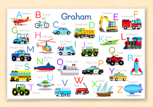 Transport Vehicles Cars Alphabet Personalized Kids Placemat 18" x 12" with Alphabet - Custom USA