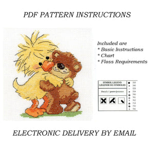 Little Suzy's Zoo Baby Witzy Yellow Duck Hugging Boof Friend Bear Hug Counted Cross Stitch PDF Chart Pattern Instructions 5" x 7" DMC K5156