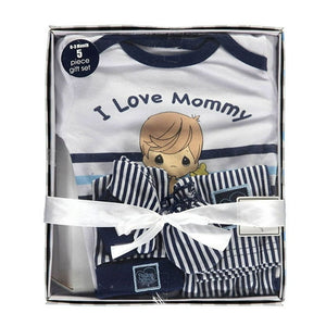Precious Moments Outfit Baby Boy Clothing I Love Mommy 5-Piece Blue Layette Gift Set 0-3 M - Bodysuit Pants Hat Mitts Booties Baby Shower