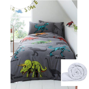 Juego de cama o sábana con edredón o funda de almohada para niños con dinosaurios prehistóricos en color gris