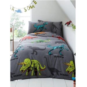 Juego de cama o sábana con edredón o funda de almohada para niños con dinosaurios prehistóricos en color gris