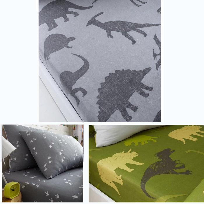 Prehistoric Dinosaurs or Footprints Twin or Full Kids 2-Piece Fitted Bed Sheet & Pillowcase Set