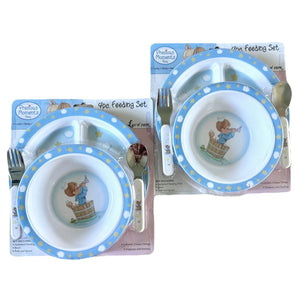 Juego de regalo para la hora de comer para niño y niña Precious Moments: plato, tazón, cuchara, tenedor, regalo para baby shower para niños de 4 piezas en rosa o azul