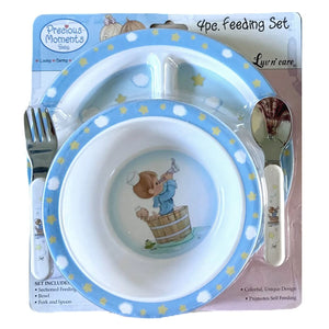 Juego de regalo para la hora de comer para niño y niña Precious Moments: plato, tazón, cuchara, tenedor, regalo para baby shower para niños de 4 piezas en rosa o azul