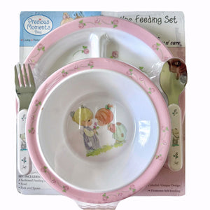 Juego de regalo para la hora de comer para niño y niña Precious Moments: plato, tazón, cuchara, tenedor, regalo para baby shower para niños de 4 piezas en rosa o azul