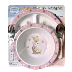 Juego de regalo para la hora de comer para niño y niña Precious Moments: plato, tazón, cuchara, tenedor, regalo para baby shower para niños de 4 piezas en rosa o azul