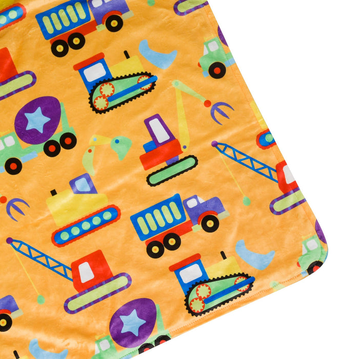 Couverture pour berceau de bébé en velours pelucheux Minky avec camions et équipements de construction jaune et bleu 28" x 39"