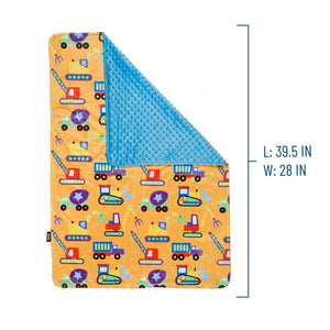 Manta de felpa de terciopelo Minky para cuna de bebé con diseño de camiones y equipos de construcción en amarillo y azul de 71 x 99 cm