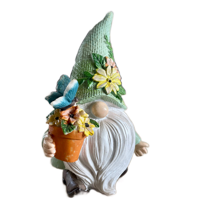 Green Resin Spring / Summer Garden Gnome With Flower Pot & Butterflies 5" Figurine Statue Tier Tray Decoration Gift