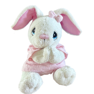 Vintage Talking Precious Moments 9" Baby White & Pink Girl Bunny Rabbit Plush Prayer Pal Doll Soft Rag Bedtime Collectible Stuffed Animal Praying Easter Toy