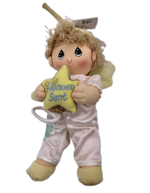 New Vintage 2003 Precious Moments 12" Angel Boy Plush Doll Pull Down String Musical Crib / Stroller Toy 'Heaven Sent' with Star Rare Collectible