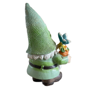 Green Resin Spring / Summer Garden Gnome With Flower Pot & Butterflies 5" Figurine Statue Tier Tray Decoration Gift